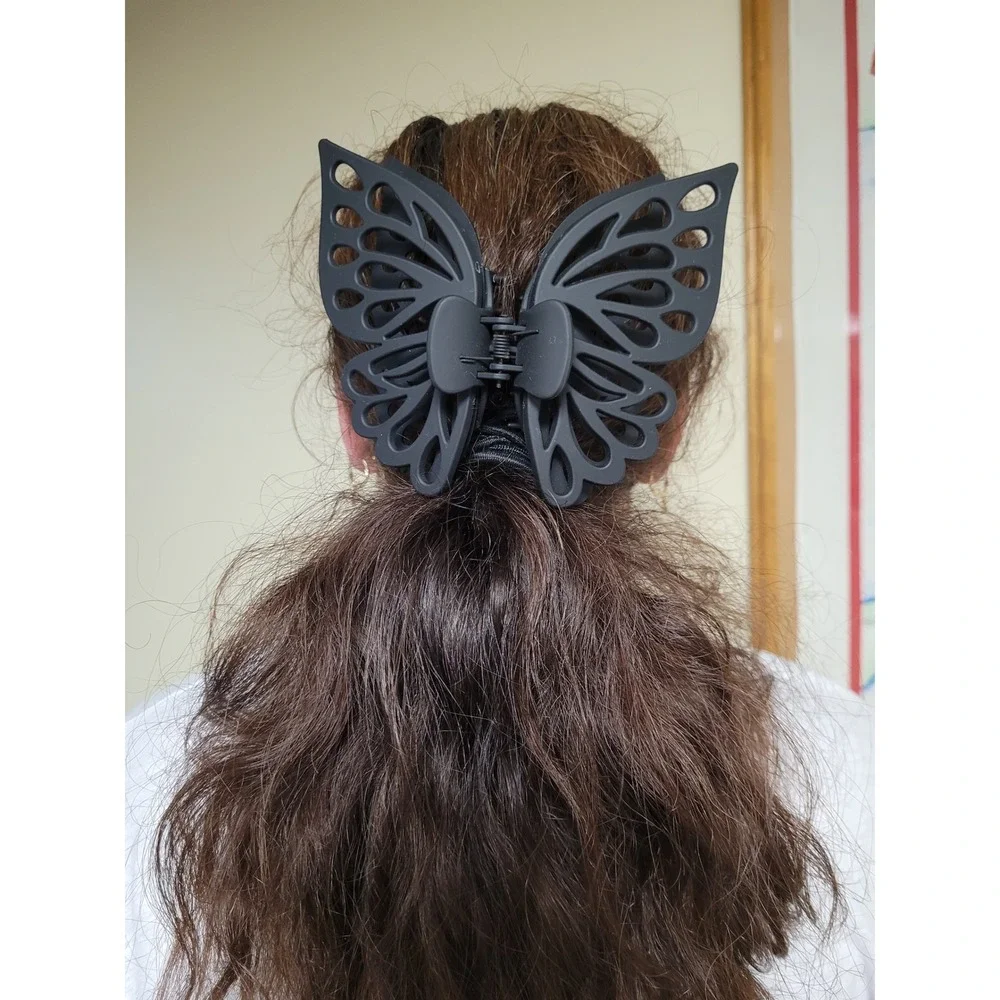 Butterfly Hair Claw Clips Set Whimsigoth Matte Black and Cream Wing Cutout Large